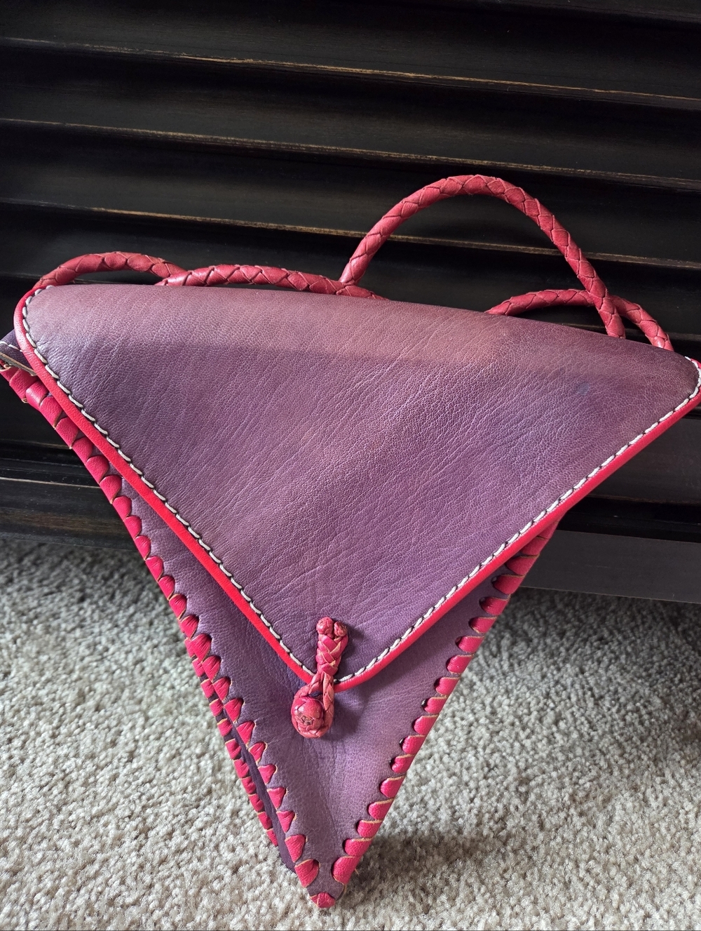 HANDMADE Triangle Leather Whipstitch Crossbody Bag Purple Red